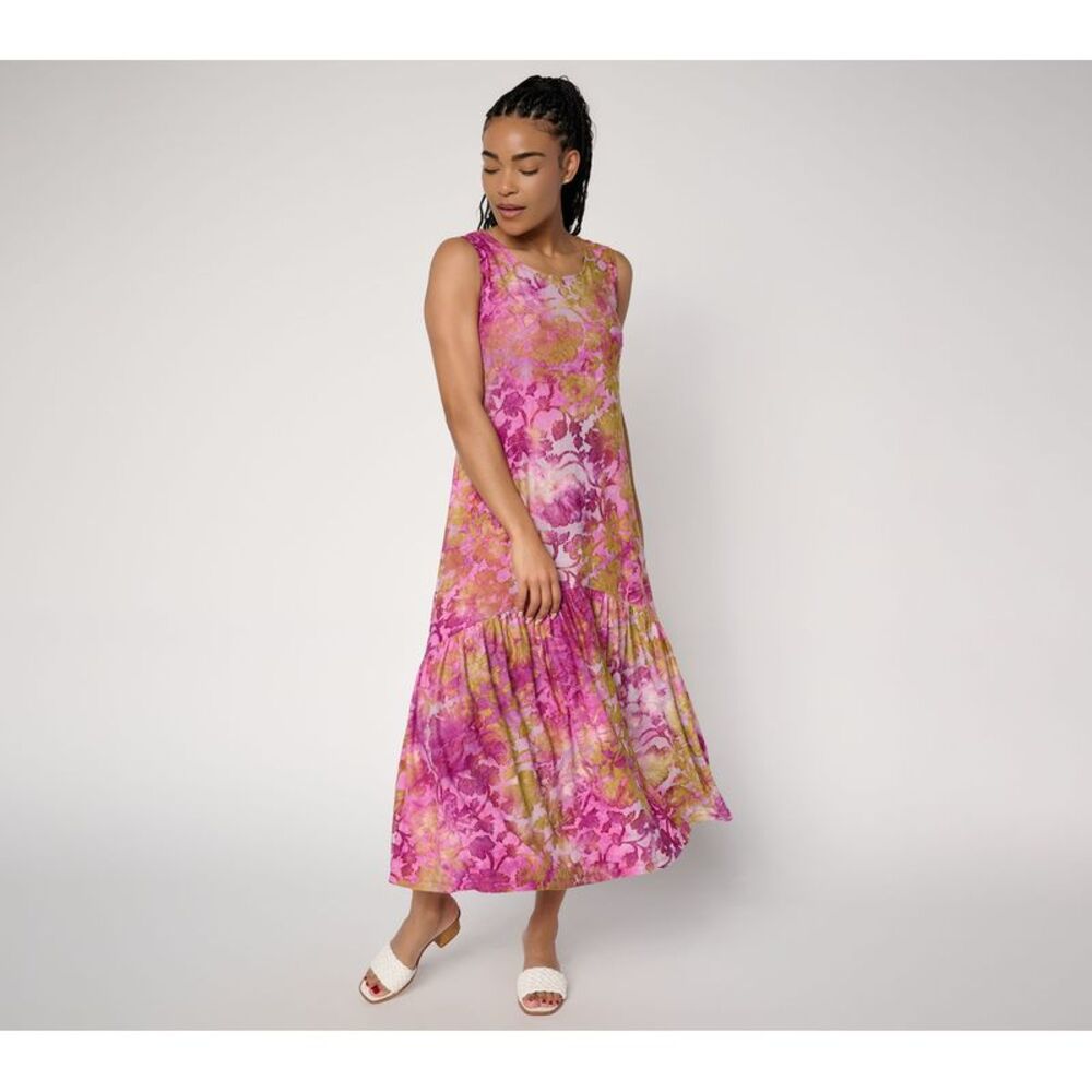 Susan Graver Women's Petite Dress PM Printed Burnout Tiered Pink